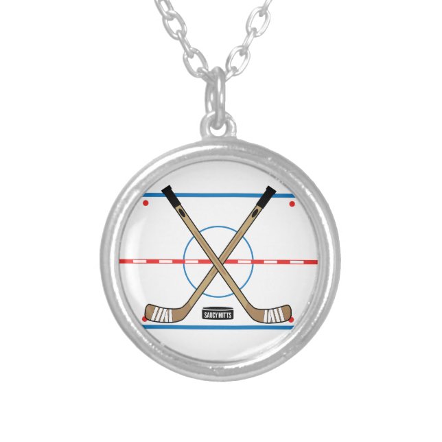 Hockey Rink Center Ice Hockey Sticks Silver Plated Necklace (Front)