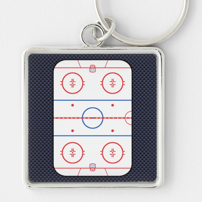 Hockey Rink Diagram on Blue Carbon Fiber Style Keychain (Front)