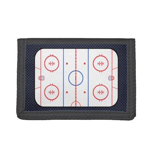 Hockey Rink Diagram on Blue Carbon Fiber Style Trifold Wallet