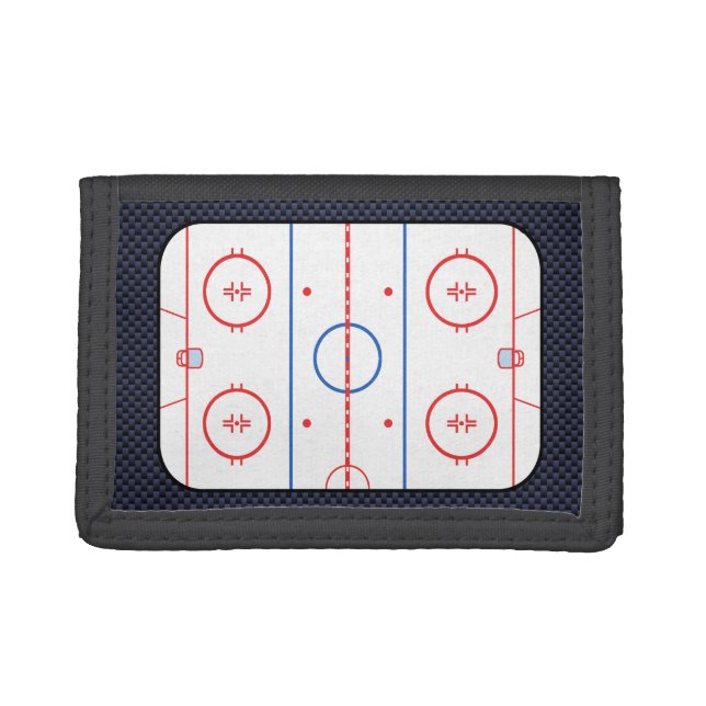 Hockey Rink Diagram on Blue Carbon Fiber Style Trifold Wallet (Front)