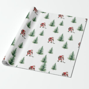 Hockey Santa and Pine Trees Christmas Wrapping  Paper
