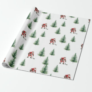 Hockey Santa and Pine Trees Christmas Wrapping Wrapping Paper