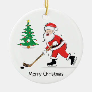 Hockey Santa Christmas Round Ceramic Ornament