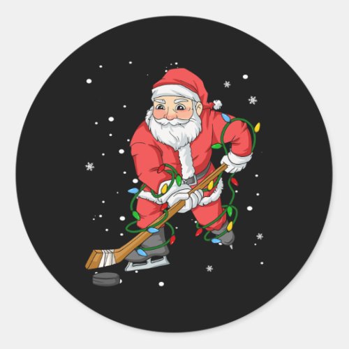 Hockey Santa Claus Christmas Tree Lights Pajama Bo Classic Round Sticker