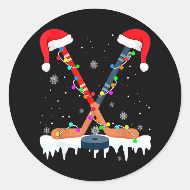 Hockey Santa Hat Christmas Lights Fun Sport Boys X Classic Round Sticker (Front)