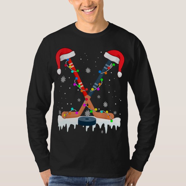 Hockey Santa Hat Christmas Lights Funny Sport Boys T-Shirt (Front)