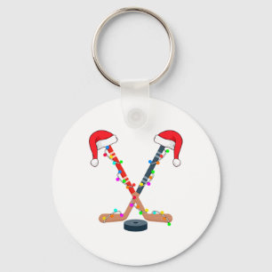 Hockey Santa Hat Christmas Lights Funny Sport Xmas Keychain