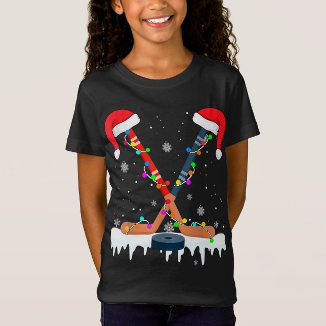 Hockey Santa Hat Christmas Lights Funny Sport Xmas T-Shirt (Front)