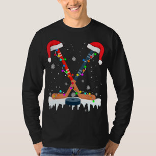 Hockey Santa Hat Christmas Lights Funny Sport Xmas T-Shirt