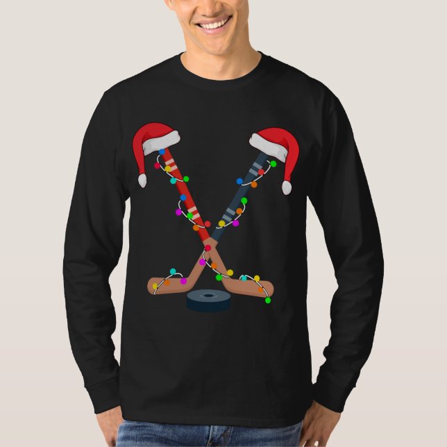 Hockey Santa Hat Christmas Lights Funny Sport Xmas T-Shirt (Front)