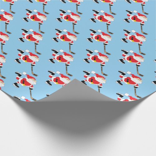 Hockey Santa Skating Blue Wrapping Paper