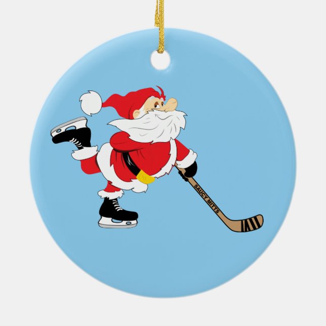 Hockey Santa Skating Christmas Ceramic Ornament (Back)