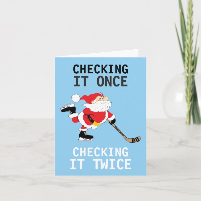 Hockey Santa Skating Christmas Checking It Once Holiday Card (Front)