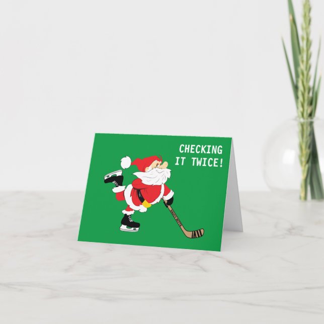 Hockey Santa Skating Christmas Checking It Twice Holiday Card (Front)