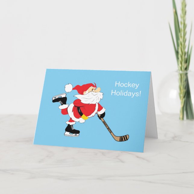 Hockey Santa Skating Christmas Checking It Twice Holiday Card (Front)