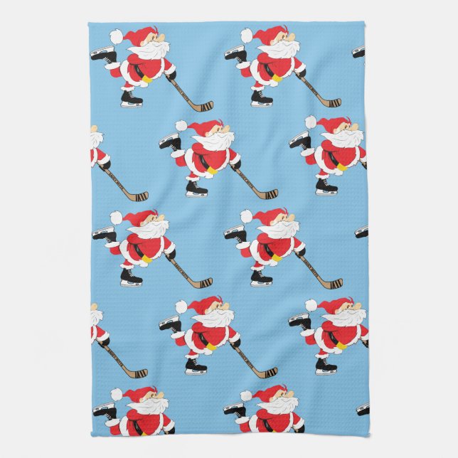 Hockey Santa Skating Christmas Kitchen Decor Towel (Vertical)
