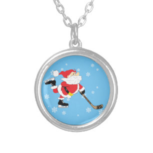 Hockey Santa Skating with Hockey Stick Silver Plated Necklace