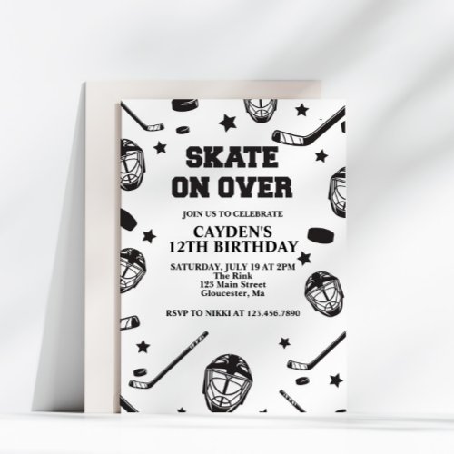 Hockey Skate on Over black and White Birthday Invitation