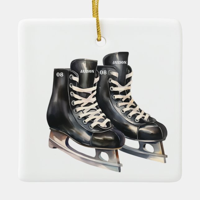 Hockey skate personalized name and number ceramic ornament (Front)