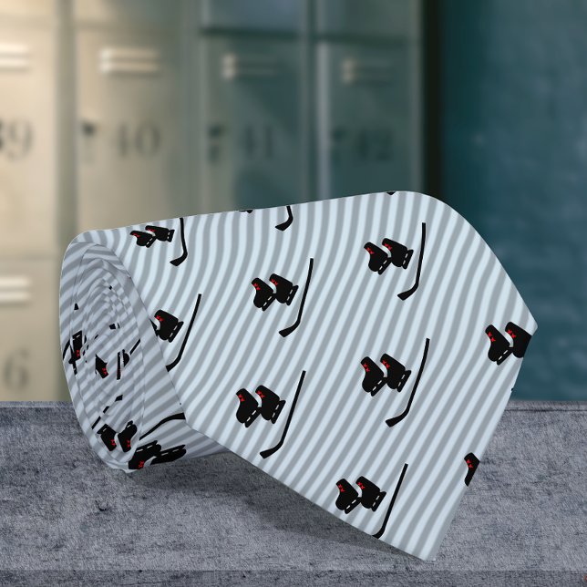 Hockey Skates and Stick on Ice Blue Stripes Neck Tie (Creator Uploaded)
