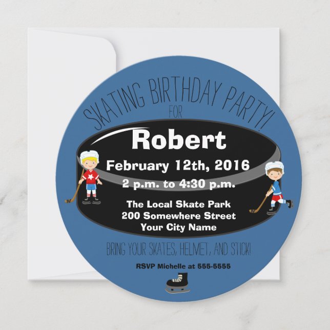 Hockey Skating Birthday Party Circle Invite (Front)