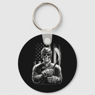 Hockey Skeleton American Usa Flag Halloween Men Te Keychain