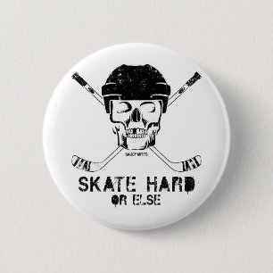 Hockey Skull and Crossed Hockey Sticks Button