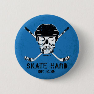 Hockey Skull and Crossed Sticks Pinback Flare Blue Button