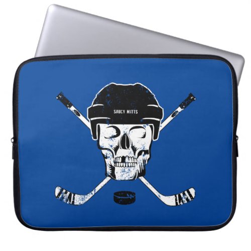 Hockey Skull and Sticks on blue Laptop Sleeve