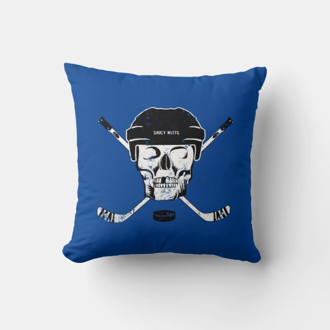 Hockey Skull and Sticks Reversible Blue and Gray T Throw Pillow (Front)