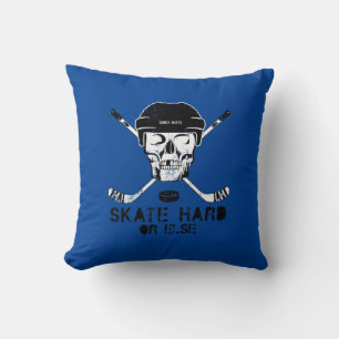 Hockey Skull and Sticks Reversible Blue and Gray Throw Pillow