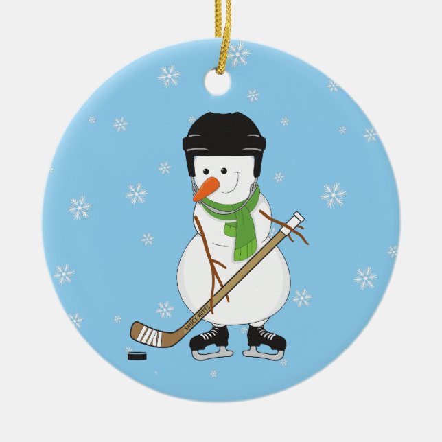Hockey Snowman Christmas Decor Ceramic Ornament (Front)
