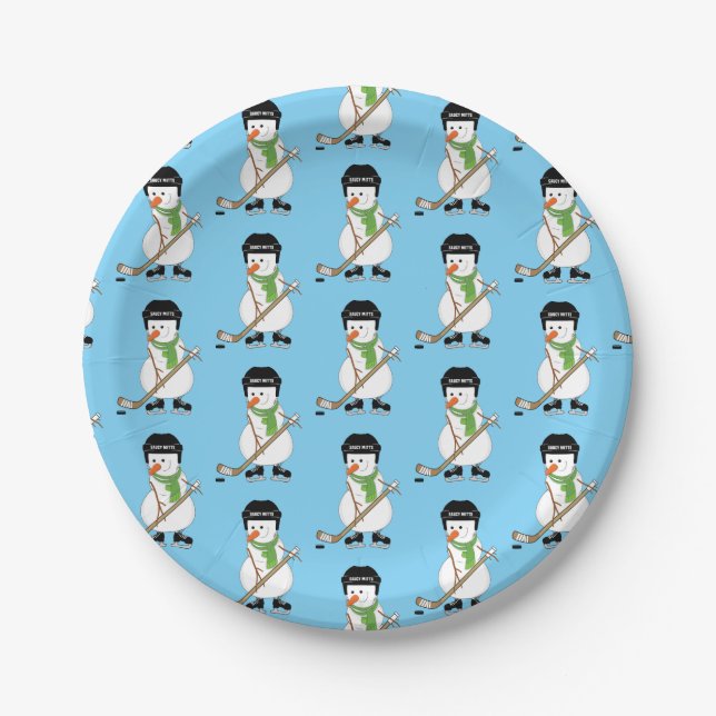 Hockey Snowman Christmas Paper Plates (Front)