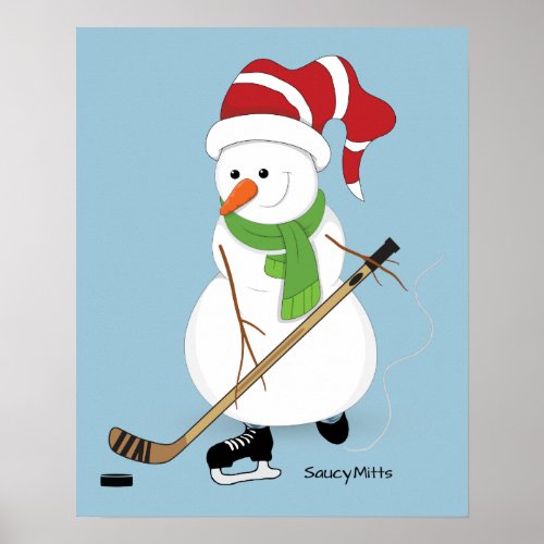 Hockey Snowman Christmas Poster