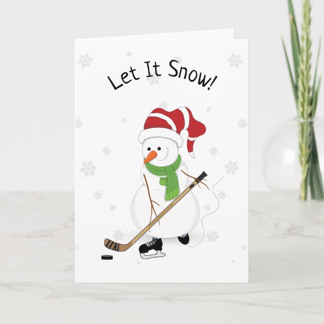 Hockey Snowman Let It Snow Christmas Card (Front)