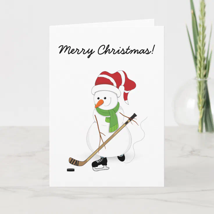 Hockey Snowman Merry Christmas Card | Zazzle