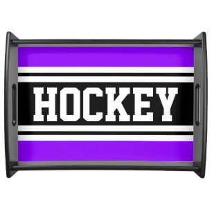 HOCKEY Sporty Bright Purple Black White Stripes Serving Tray