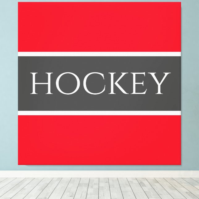 HOCKEY Sporty Bright Red White Dark Gray Stripes Canvas Print (Insitu(Wood Floor))