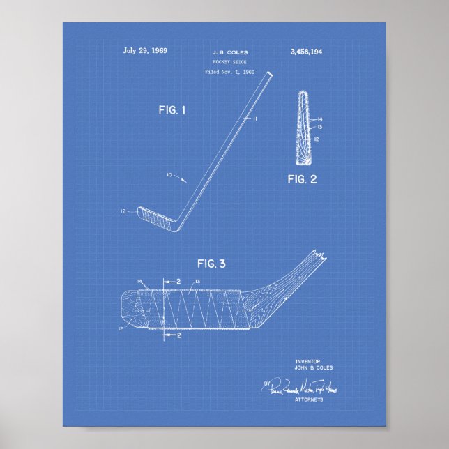 Hockey Stick 1966 Patent Art - Blueprint Poster (Front)