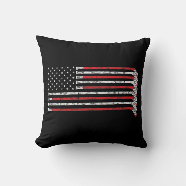 Hockey Stick USA Flag Faded Hockey Player  Throw Pillow (Front)