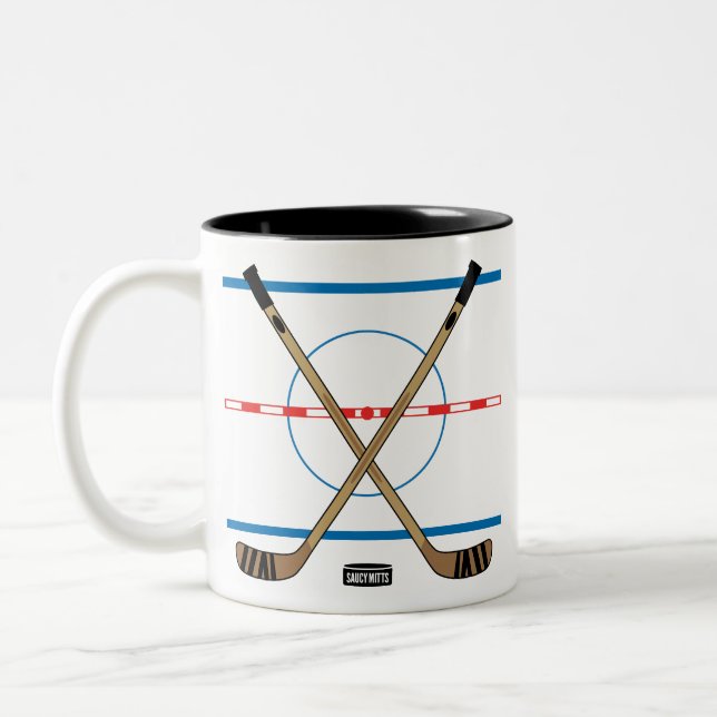 Hockey Sticks and Center Ice Hockey Team Two-Tone Coffee Mug (Left)