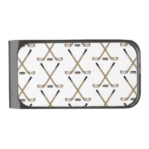 Hockey Sticks and puck Gunmetal Finish Money Clip