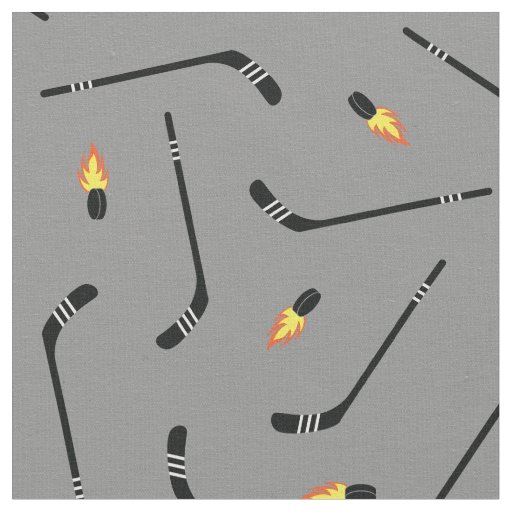 Hockey Sticks Flaming Pucks Sports Silver Grey Fabric