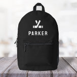 Hockey Sticks Motif Modern Black Name Printed Backpack<br><div class="desc">A custom design on a black background featuring crossed hockey sticks motif icon in white which can be easily replaced by uploading your own logo, image or motif! The personalized monogram name in white modern block typography can be replaced with your own name or custom text. The perfect gift or...</div>