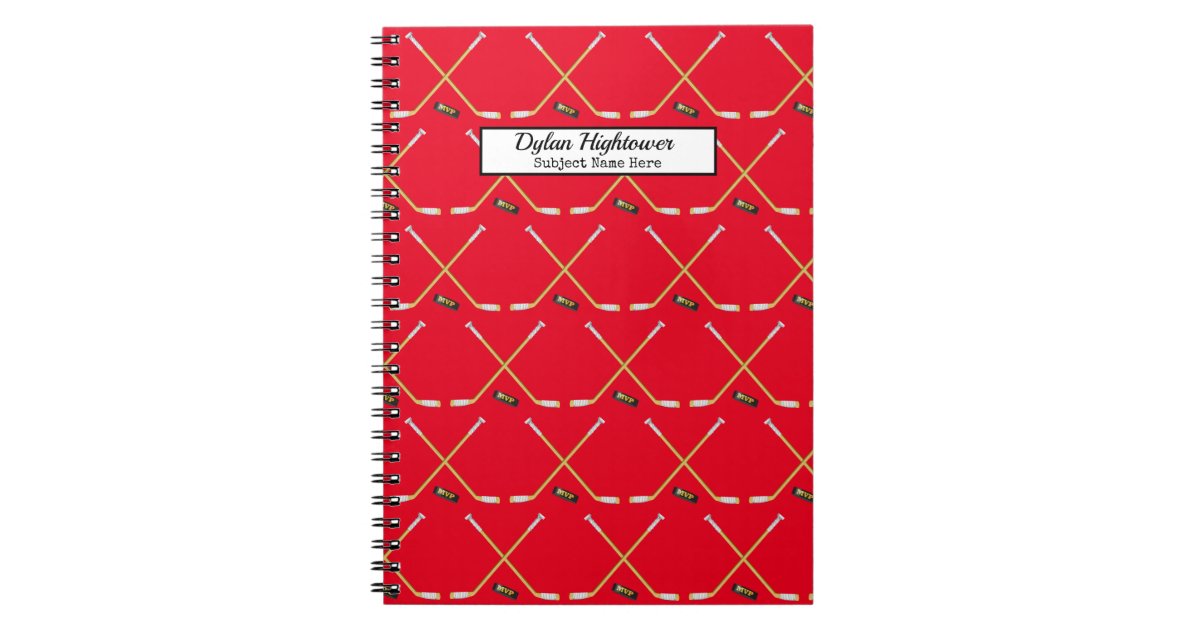 Hockey Sticks |MVP Puck Pattern Red Name | Subject Notebook | Zazzle