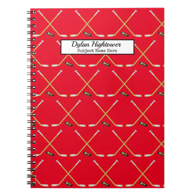 Hockey Sticks |MVP Puck Pattern Red Name | Subject Notebook | Zazzle