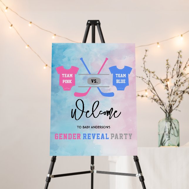 Hockey Team Blue Pink Gender Reveal Welcome Sign (In Situ (Stand))