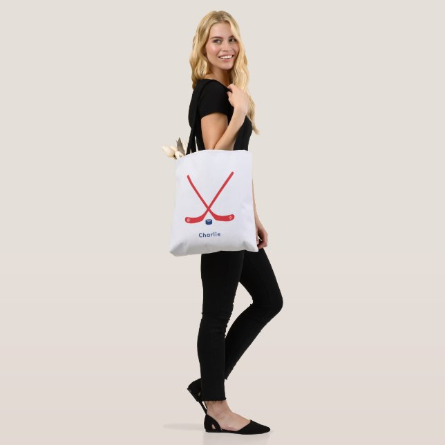 Hockey Tote Bag Blue Red Personalized Name (On Model)