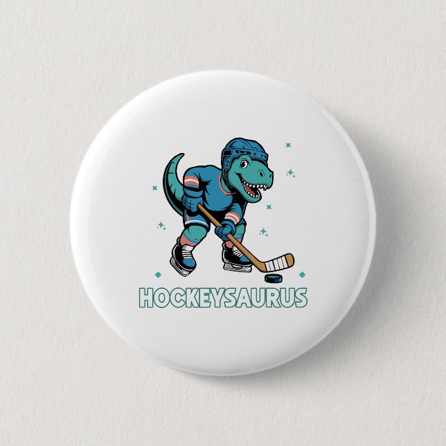 Hockeysaurus Funny Dinosaur Trex Hockey Kids Hocke Button (Front)