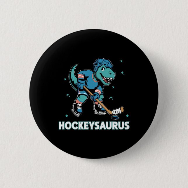 Hockeysaurus Funny Dinosaur Trex Hockey Kids Hocke Button (Front)
